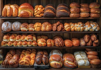 Sticker - Assorted baked goods, breads, and pastries displayed on wooden shelves. Variety of shapes, sizes, and colors, warm lighting, rustic setting