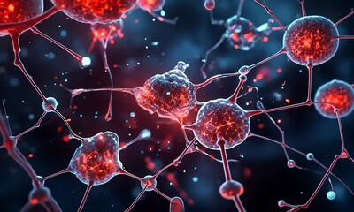Wall Mural - video of red and blue cells resembling neurons with visible connections representing the human brain