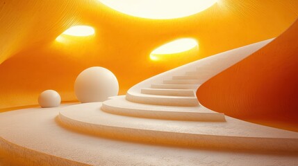 Poster - White staircase leading up in a well-lit modern interior space with minimalist design elements