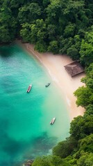 Aufkleber - Three boats gently float on the crystal clear turquoise water of a secluded cove, nestled amidst a vibrant green tropical forest, creating a serene and idyllic paradise