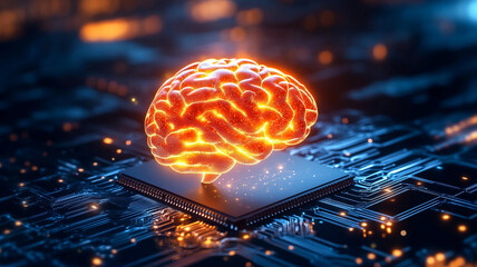 Poster - A glowing orange brain connected to a microchip on a circuit board, symbolizing artificial intelligence and technological innovation