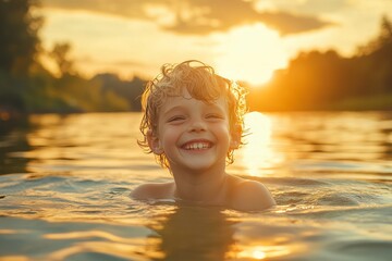 Wall Mural - Child enjoying a sunset swim in a serene lake surrounded by nature