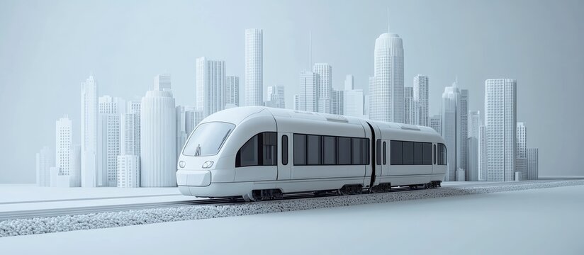 Modern white train on tracks in front of white city skyline.