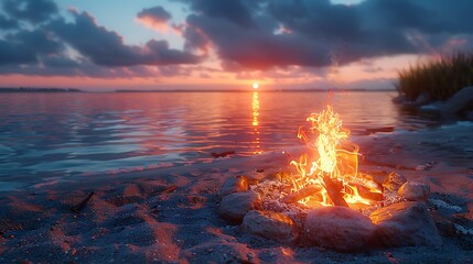 a serene beach at sunset, with a campfire casting a warm glow over the water and sky.