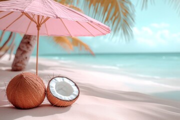 Sticker - Coconuts resting under a pink umbrella on a serene tropical beach with gentle waves and palm trees swaying in the breeze