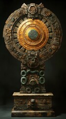Poster - Grand Aztecstyle clock stands like a relic of the past featuring a golden calendar as its face and stone serpents marking the hours The pendulum a jade disk swings rhythmically with power
