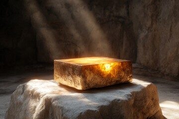 Poster - A 3D scene of a remarkable discovery, such as a glowing artifact uncovered in an ancient cave, with light beams shining through dust particles