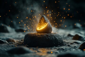 Poster - A 3D scene of a remarkable discovery, such as a glowing artifact uncovered in an ancient cave, with light beams shining through dust particles