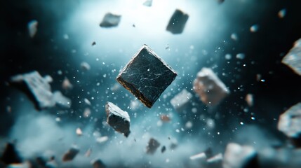 Poster - An abstract composition of levitating rock cubes set against an ethereal backdrop creates a captivating visual experience, emphasizing the beauty of motion and composition.