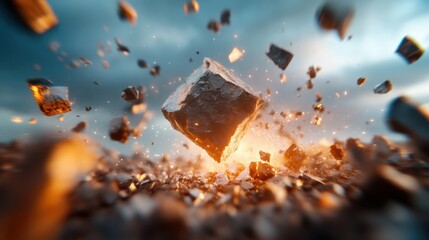 Poster - A captivating scene depicting a floating rock amidst an explosion of particles, symbolizing energy and movement in a surreal, dramatic atmosphere.