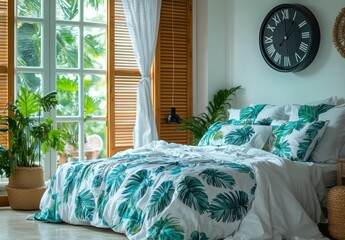 Wall Mural - Bright bedroom with large window, wooden shutters, white walls, tropical leaf patterned bedding, potted plants, and a large wall clock. Natural light