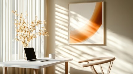 Poster - This simple yet elegant interior showcases a cozy workspace adorned with dried flowers and art, combining natural light and minimalist aesthetics for a tranquil atmosphere.