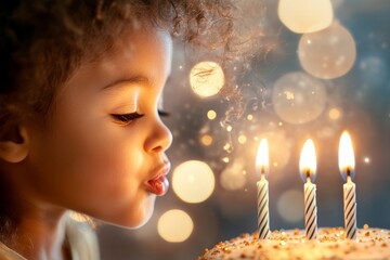 Aufkleber - A child blowing out the candles on a birthday cake, with their face illuminated by the glowing flames