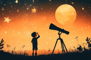 Poster - A child looking through a telescope under a sky filled with stars, with a sense of wonder and amazement on their face