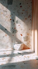 Poster - Soft light filters through a window, illuminating a beautifully textured terrazzo floor and wall. The gentle play of shadows enhances the warm ambiance, creating a peaceful atmosphere