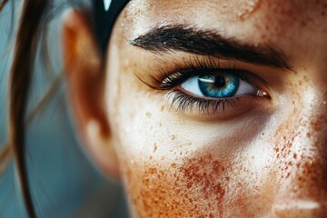 Poster - A close-up of a single bead of sweat on an athlete face during an intense workout