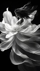 Poster - Grayscale artistic portrayal of a woman emerging from the center of a vibrant flower with flowing lines symbolizing movement and elegance against a dark background embodying transformation