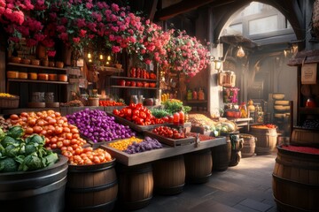 Poster - A detailed 3D illustration of a marketplace with vendors surrounded by piles of colorful produce, spices, and fabrics, creating a bustling, lively scene