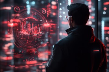 Poster - A detailed 3D render of a futuristic architect designing a holographic cityscape, with digital blueprints floating in the air