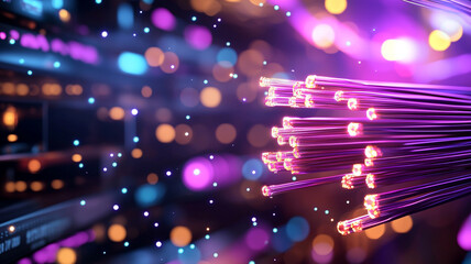 Poster - Abstract digital depiction of vibrant fiber optic cables emitting colorful light in a high-tech environment