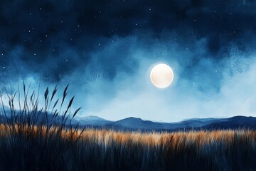 Poster - A dreamy watercolor of a single glowing star in a deep blue night sky, its light radiating gently across the scene