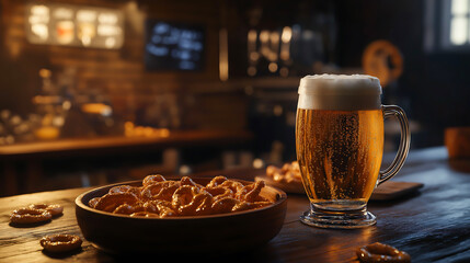 Beer glass and salty pretzels in a bowl on the table at home