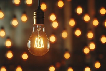 Poster - A flat 2D design of a single lightbulb glowing brightly in a room filled with dim, unlit bulbs, against a white background