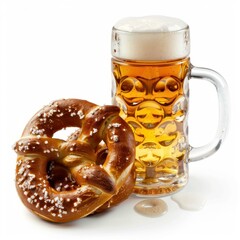 Bavarian pretzel with salt and glass of beer with foam isolated on white background