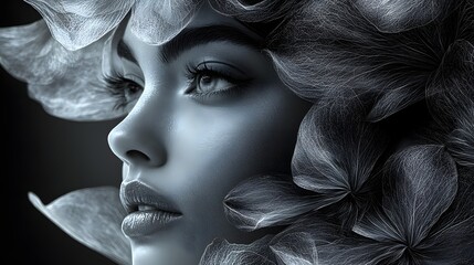 Poster - Grayscale depiction of a woman gracefully merged with flower petals dynamic lines suggest fluidity and movement on a dark backdrop symbolizing the beauty of transformation and nature