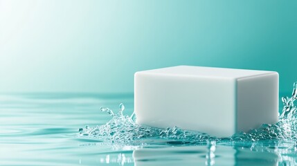 Poster - A pristine white soap block splashing into refreshing water, capturing the essence of cleanliness and purity in a vibrant and abstract composition of shapes and colors.