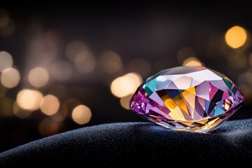 Poster - A hyper-realistic image of a rare, vividly colored gemstone sitting on a black velvet surface, with its facets reflecting intricate patterns of light