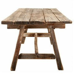 Poster - Old weathered wooden table with plank top and trestle base isolated on white background, creating a rustic and vintage look