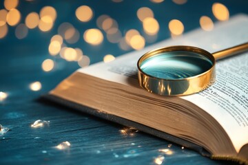 Poster - A magnifying glass highlighting a specific paragraph in an open book, with everything else slightly out of focus