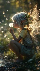 Poster - green and silverhaired fairy child in a whiteyellow tshirt and overalls squats barefoot blowing on a