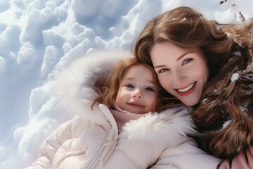 Wall Mural - Mother and daughter are lying in the snow, enjoying a winter day outdoors