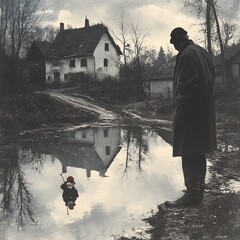 Poster - Greyblue village scene with a man staring into a puddle reflecting a clown The background is greyscale only the man and clown are in color Emphasis on dramatic contrast and reflection illusion