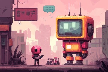 Poster - A pixel art scene of a character standing on a podium, speaking to a small pixelated crowd in a vibrant town square, with animated speech bubbles floating above