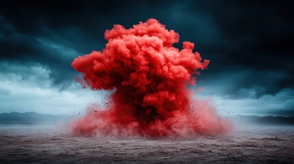 Poster - A dramatic scene capturing an explosion of vibrant red smoke against a backdrop of dark, ominous clouds, symbolizing power and intensity in an abstract landscape.
