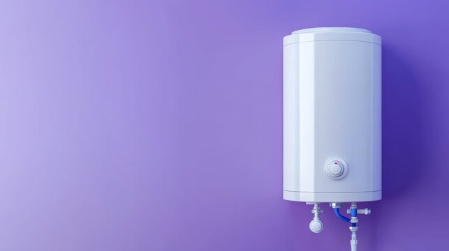 A white rectangular water heater floating on a gradient purple background