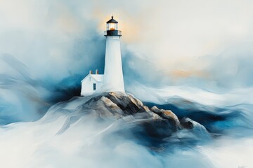 Poster - A soft watercolor painting of a lighthouse standing tall on a rocky cliff, its light cutting through the dark blue and gray tones of a stormy sea