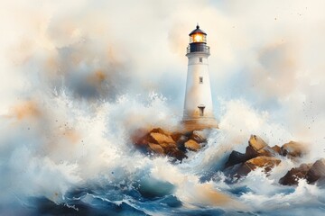 Poster - A soft watercolor painting of a lighthouse standing tall on a rocky cliff, its light cutting through the dark blue and gray tones of a stormy sea