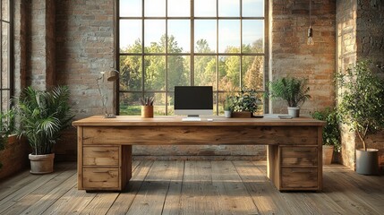 Poster - Sunlight pours into a minimalistic home office, illuminating a spacious wooden desk adorned with a computer and potted plants, creating a serene workspace that inspires productivity