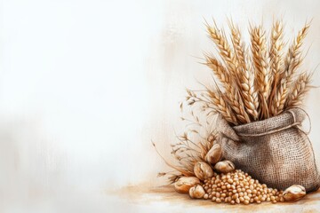 Poster - A stylized depiction of grains spilling out of a sack, drawn in soft beige tones with a clean background