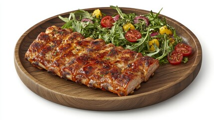 Wall Mural - Grilled barbecue pork ribs served with a fresh side salad on a dark wooden plate. The ribs are glazed with a rich, savory sauce, and the salad is a