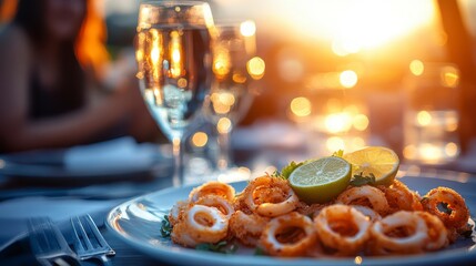 Wall Mural - Close up of grilled squid rings with lime wedges on a plate, set against a blurred background of sunset and people enjoying an outdoor meal