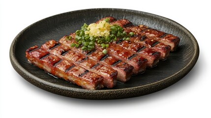 Sticker - Grilled meat slices arranged on a dark, textured plate, garnished with green onions and a sprinkle of yellow seasoning. The lighting is bright and