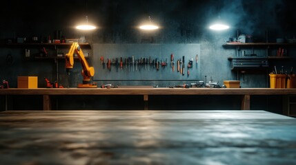 Inside an industrial workshop, an advanced robotic arm prepares for action amidst an array of tools, symbolizing the intersection of art and technology in modern craftsmanship.