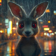 Poster - Heartwarming portrayal of a 3D Kangaroo with red markings on a glossy surface its red eyes reflecting curiosity and framed by long whiskers set against a softly raining blurred city backdrop