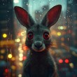 © Vizro_50 - Heartwarming portrayal of a 3D Kangaroo with red markings on a glossy surface its red eyes reflecting curiosity and framed by long whiskers set against a softly raining blurred city backdrop