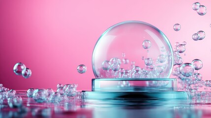 Aufkleber - A clear glass dome encircled by an array of bubbles, reflecting light brilliantly on a soft pink background, brings a sense of tranquility and artistic wonder to life.